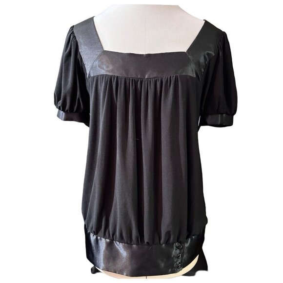 Creative Design‎ Works Black Blouse W/ Satin Trim & Buttons Women Small Dressy - Picture 2 of 11